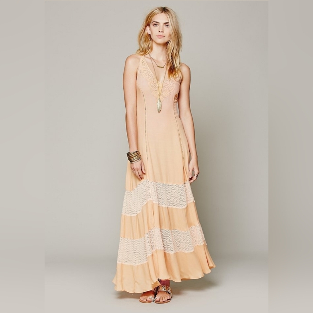 Free People Scallop Chevron Crochet Lace Strappy Maxi Dress S